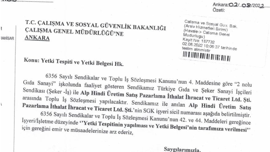 02.08.2022 tarihinde yetki başvurusunda bulunduğumuz Alp Hindi işyerinde anayasal hakkını kullanarak sendikamıza üye olan 4 emekçi kardeşimizin işine son verilmiştir.